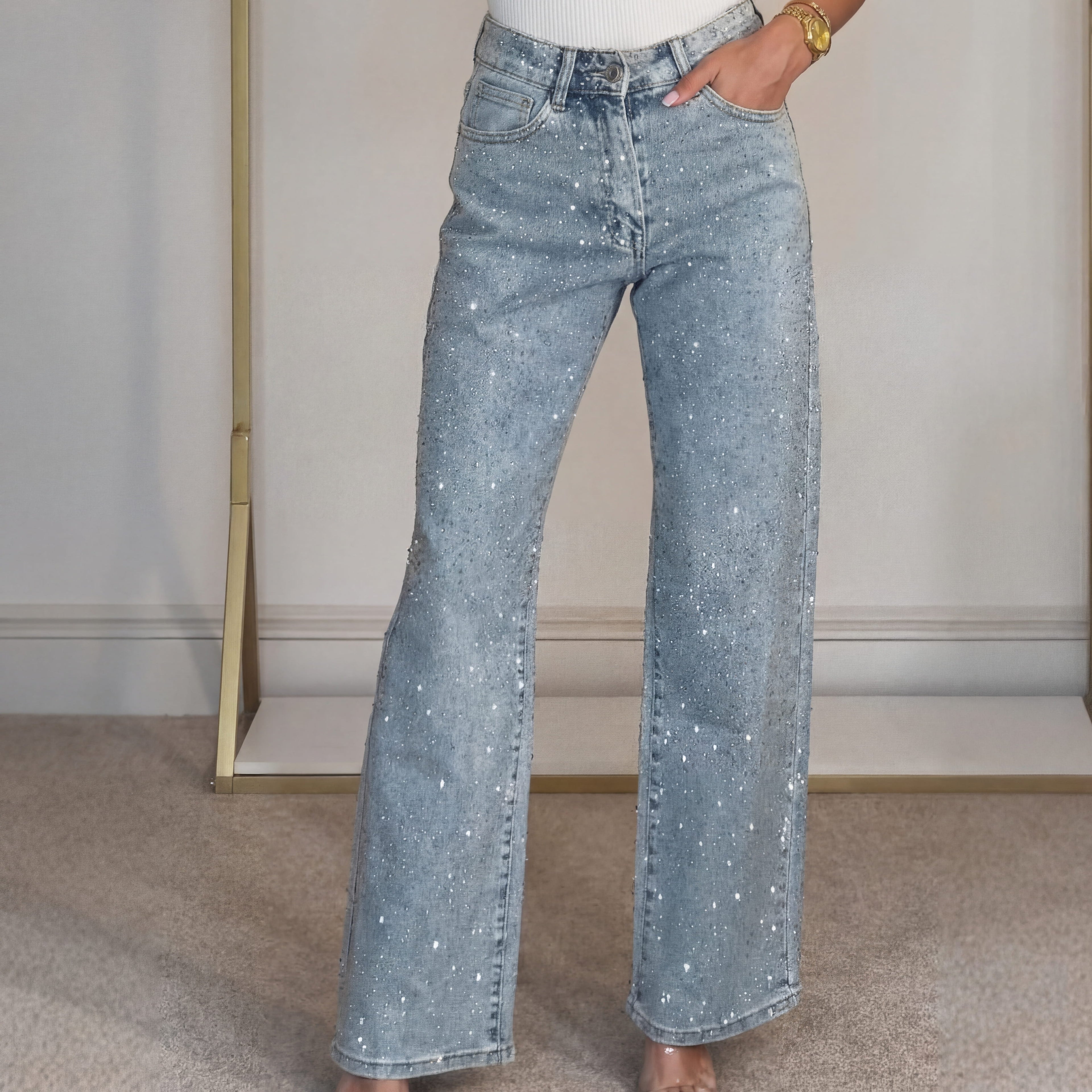 ASTRA™ – Jeansy z kryształkami, wysoki stan